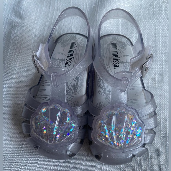 Mini Melissa Girl's Mini Aranha Jelly Flat Sandals White and Silver Glitter Sz 7 - Picture 2 of 14